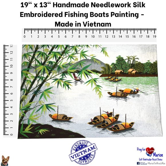 19" x 13" Handmade Needlework Silk Embroidered Fishing Boats Painting - Vietnam